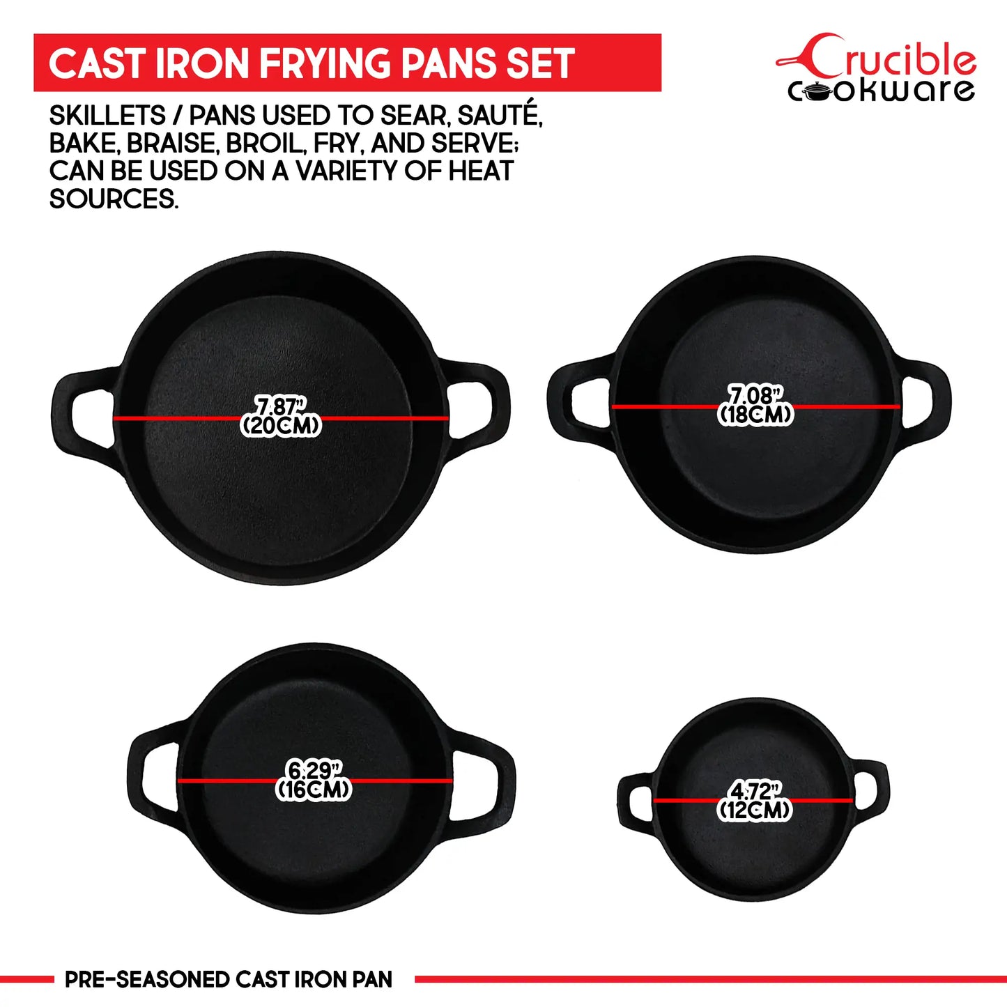 Cast Iron Skillets Frying Pans Set of 4