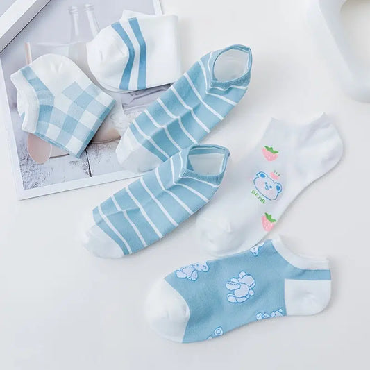 [5 Pairs] Cute Blue & White Ankle Socks