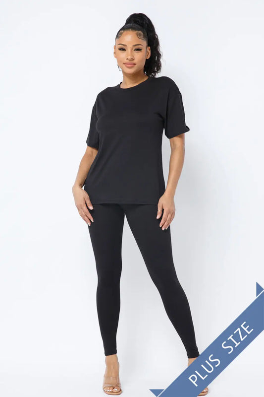 Plus Brushed Round Neck Top Leggings Set