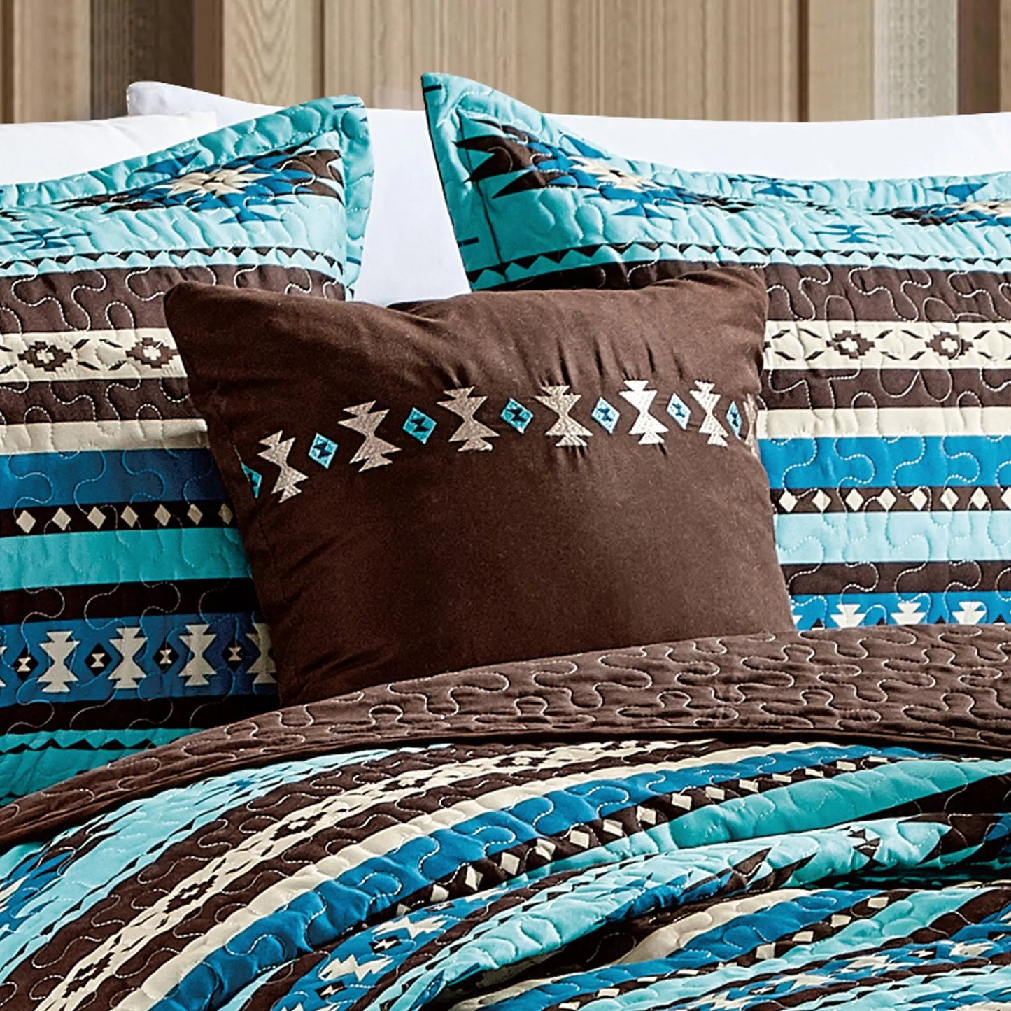 Southwestern Turquoise Tan - 5 Piece Set Queen Quilt Set