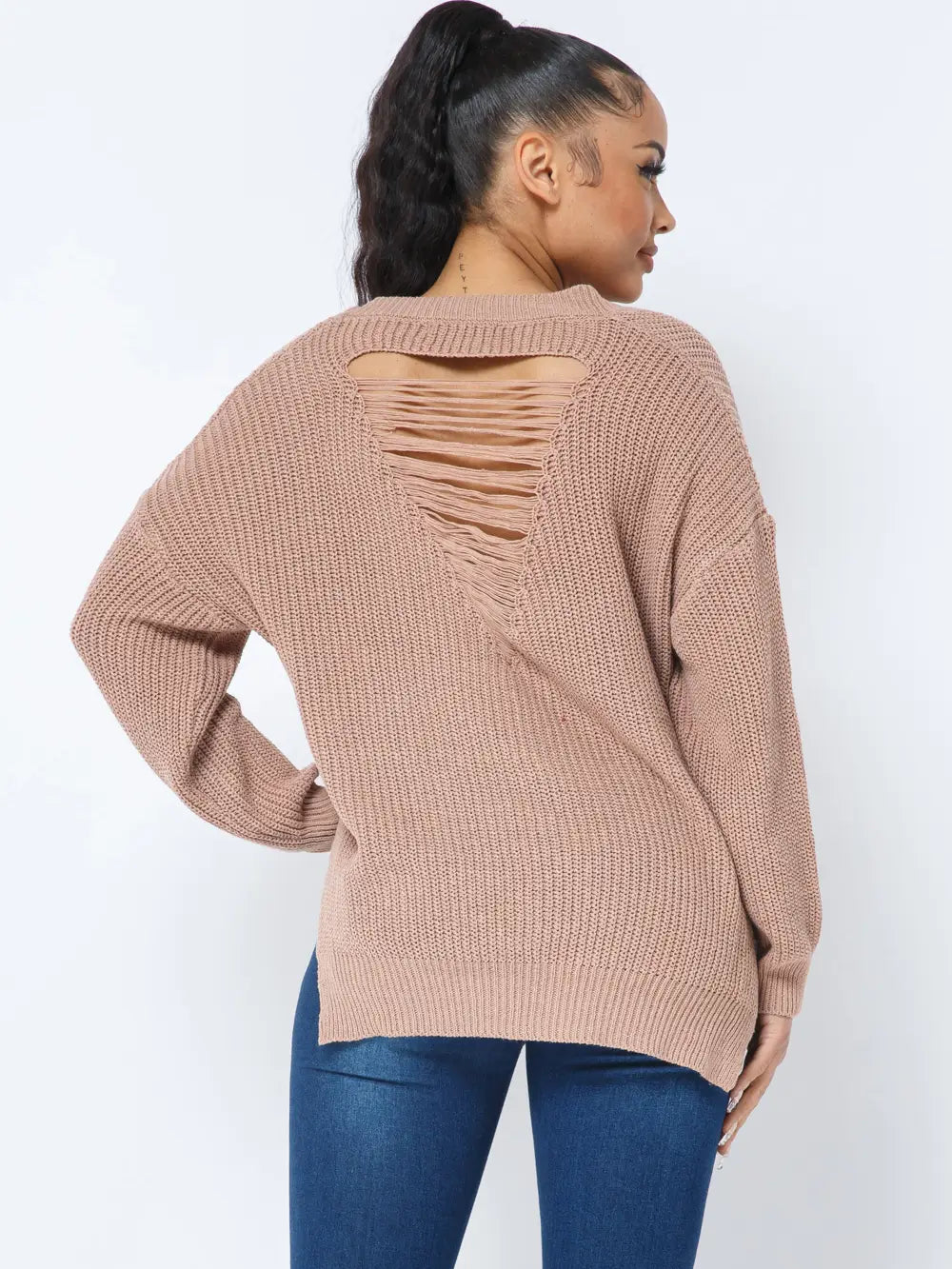 Oversized Knit Front And Back Cozy Distressed Sweater