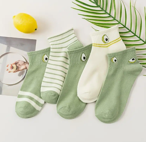 [5 Pairs] Cute Green & White Ankle Women's Socks