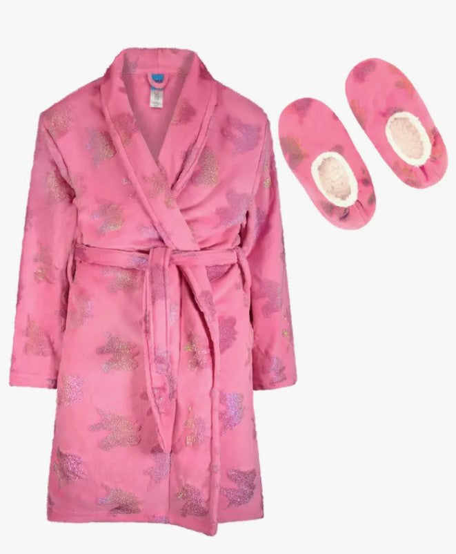 Girls Pink Shimmer Robe With Matching Slippers