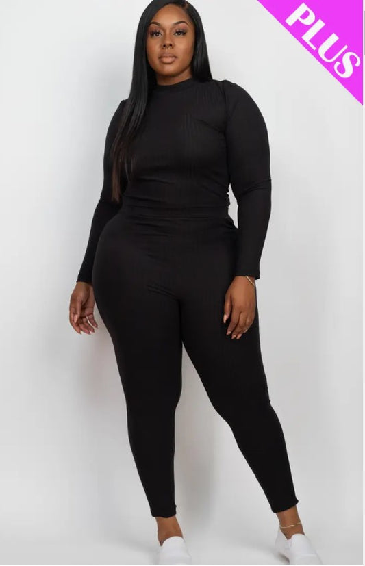 Plus Size Ribbed Mock Neck Long Sleeve Top & Leggings Set Black