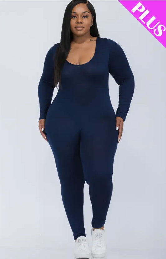 Blue Plus Size Scoop Neck Long Sleeve Bodycon Jumpsuit