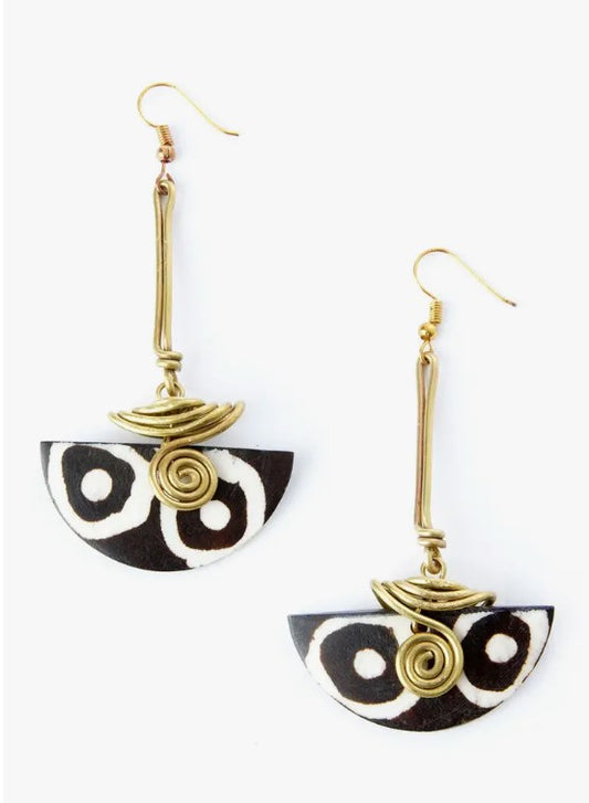 Batik Cow Bone & Brass Curl Earrings from Kenya