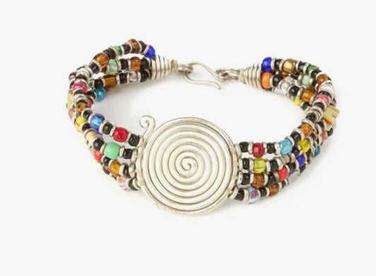 Kenyan Rainbow Beaded Bracelet with Silver Coil