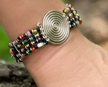 Kenyan Rainbow Beaded Bracelet with Silver Coil