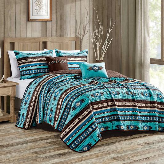 Southwestern Turquoise Tan - 5 Piece Set Queen Quilt Set