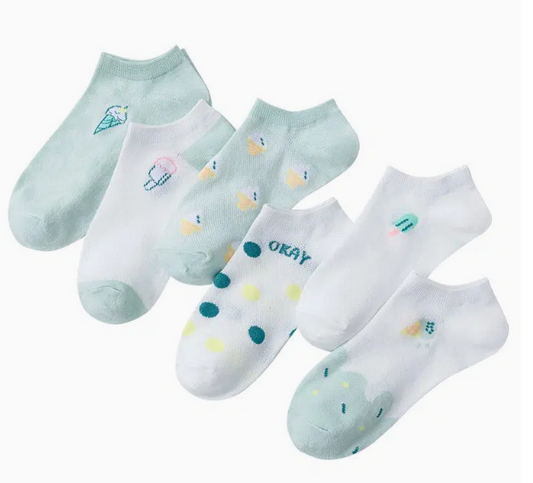 [6 Pairs] Mint Green & White Ankle Socks