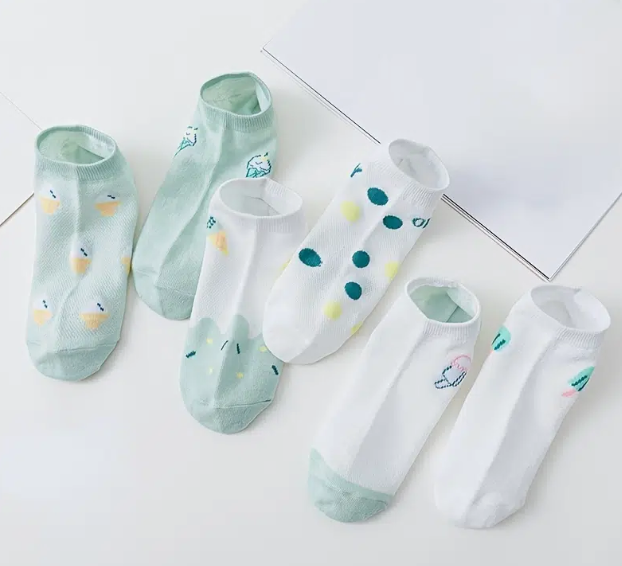 [6 Pairs] Mint Green & White Ankle Socks